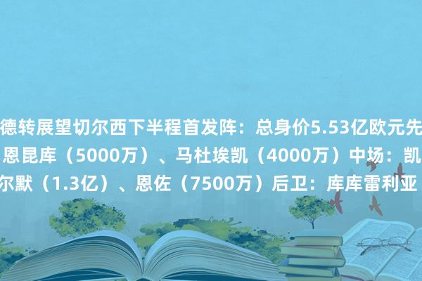 德转展望切尔西下半程首发阵：总身价5.53亿欧元先锋：桑乔（3000万）、恩昆库（5000万）、马杜埃凯（4000万）中场：凯塞多（8000万）、帕尔默（1.3亿）、恩佐（7500万）后卫：库库雷利亚（3000万）、科尔维尔（5500万）、查洛巴（1300万）、里斯-詹姆斯（3000万）门将：罗伯特-桑切斯（2000万）    体育赛事直播